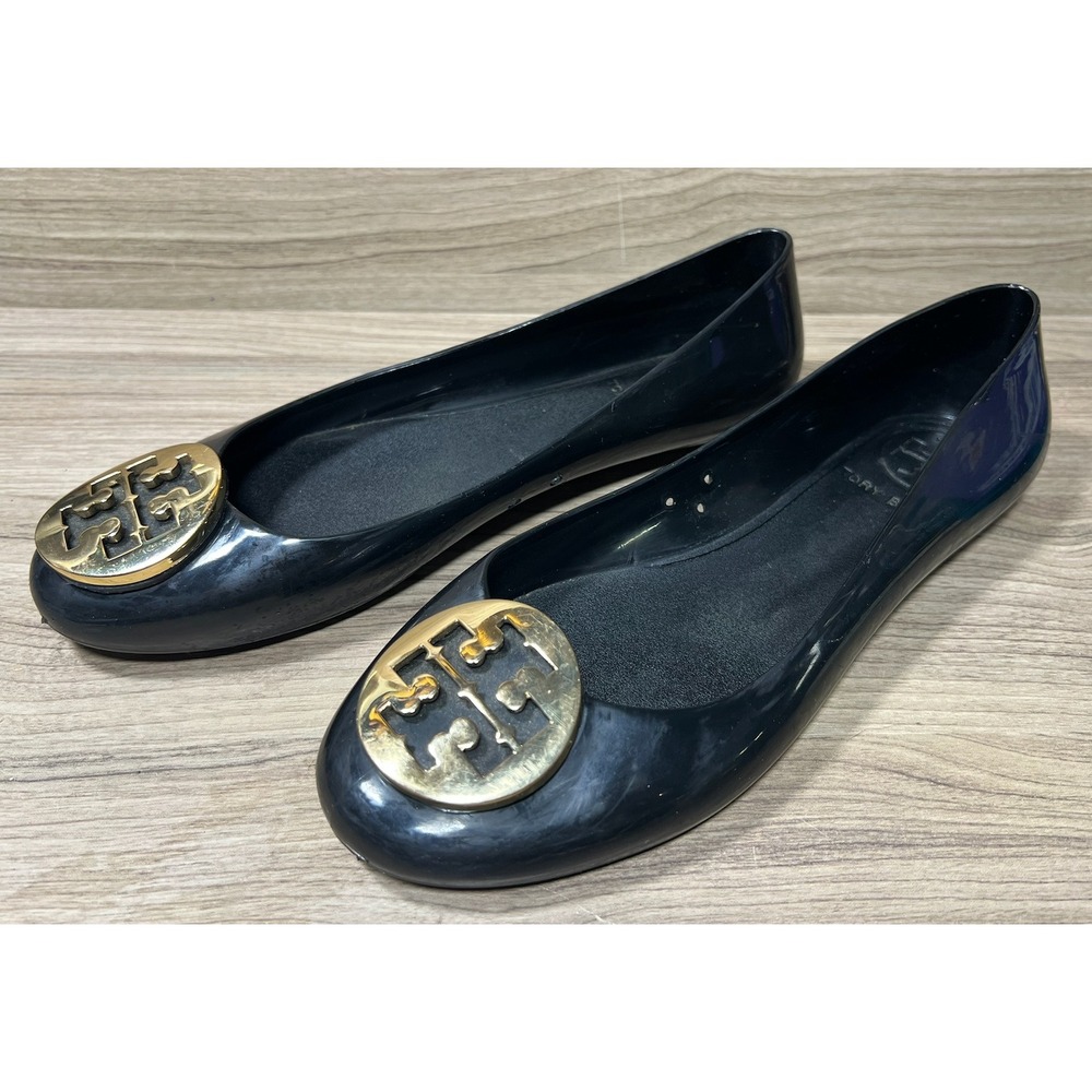 Tory Burch Black Jelly Ballet Flats Gold Logo Embellishment